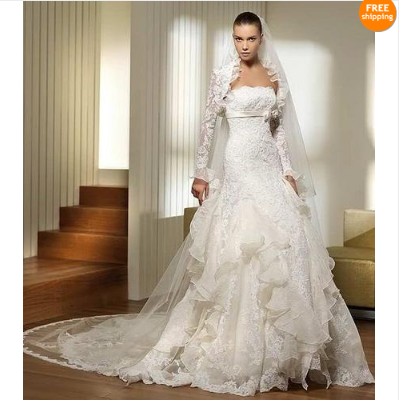 White_Long_Sleeve_Tails_Lace_Tulle_Beach_Wedding_Dresses_1.jpg