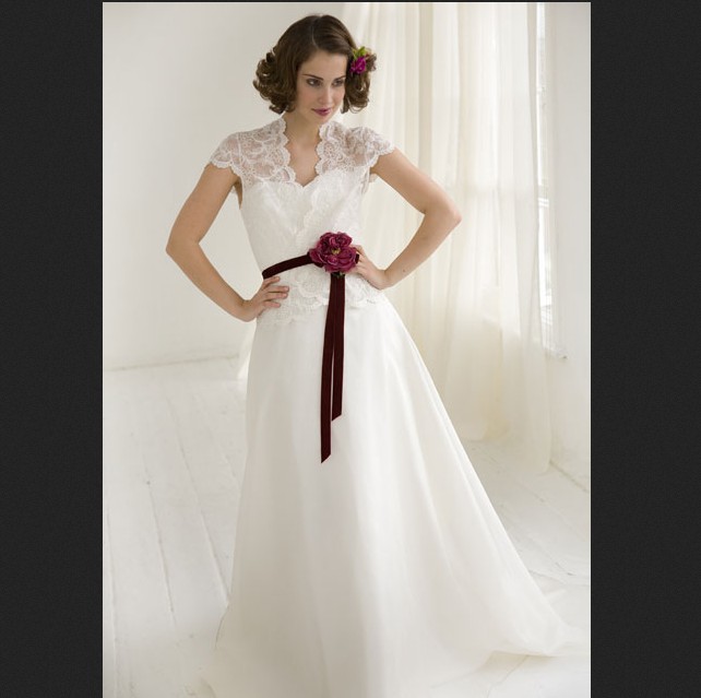White_With_Red_Bow_Lace_Short_Sleeves_Empire_Wedding_Dresses_1.jpg